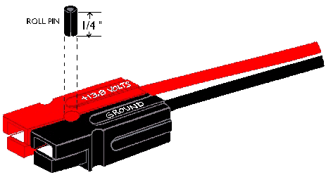 Red and black Powerpole connectors showing red mounted to the right of black with tongues down, when viewed from the cable side